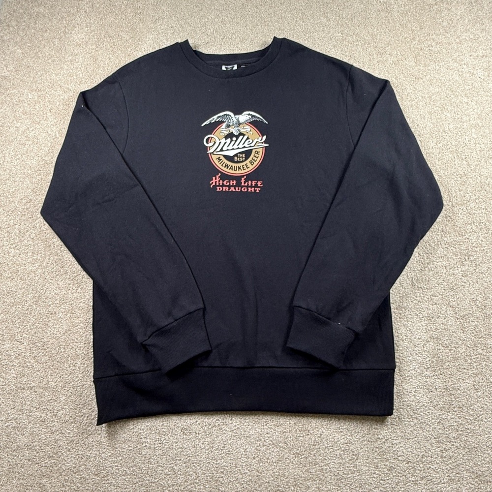 Miller High Life Draught Sweatshirt Mens Medium Black Milwaukee Beer Logo Fleece